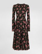 Long Sleeve High Neck Small Rose Bouquets-print Charmeuse Midi Dress