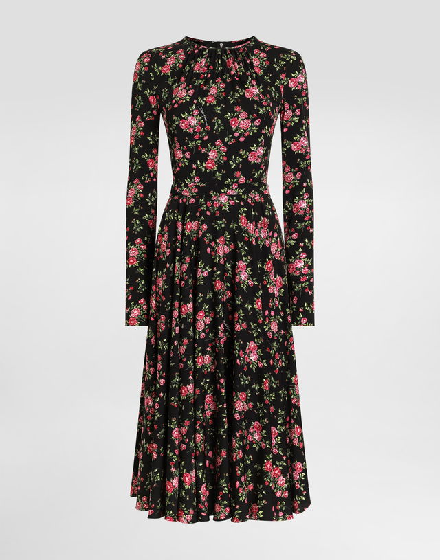Long Sleeve High Neck Small Rose Bouquets-print Charmeuse Midi Dress