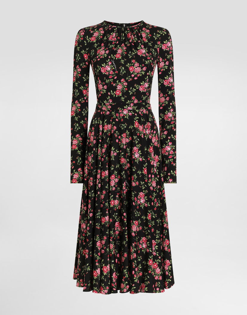 Pокля Dolce & Gabbana Long Sleeve High Neck Small Rose Bouquets-print Charmeuse Midi Dress Многоцветен | F60HMTFSA8BHN5XP