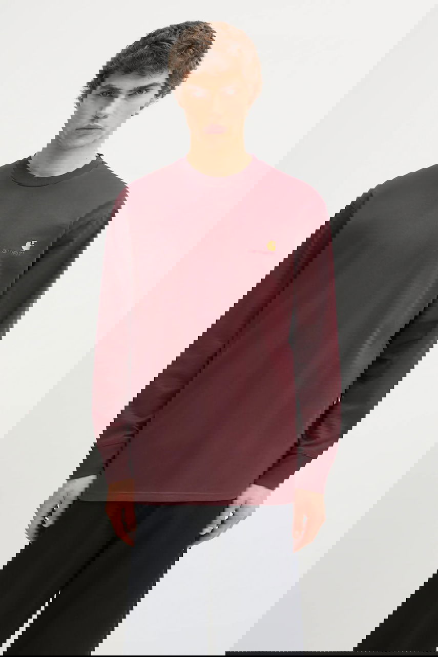 Тениска Carhartt WIP Cotton American Script Long-Sleeve T-Shirt with Embroidered Logo Бургунди | I029955.33KXX, 0