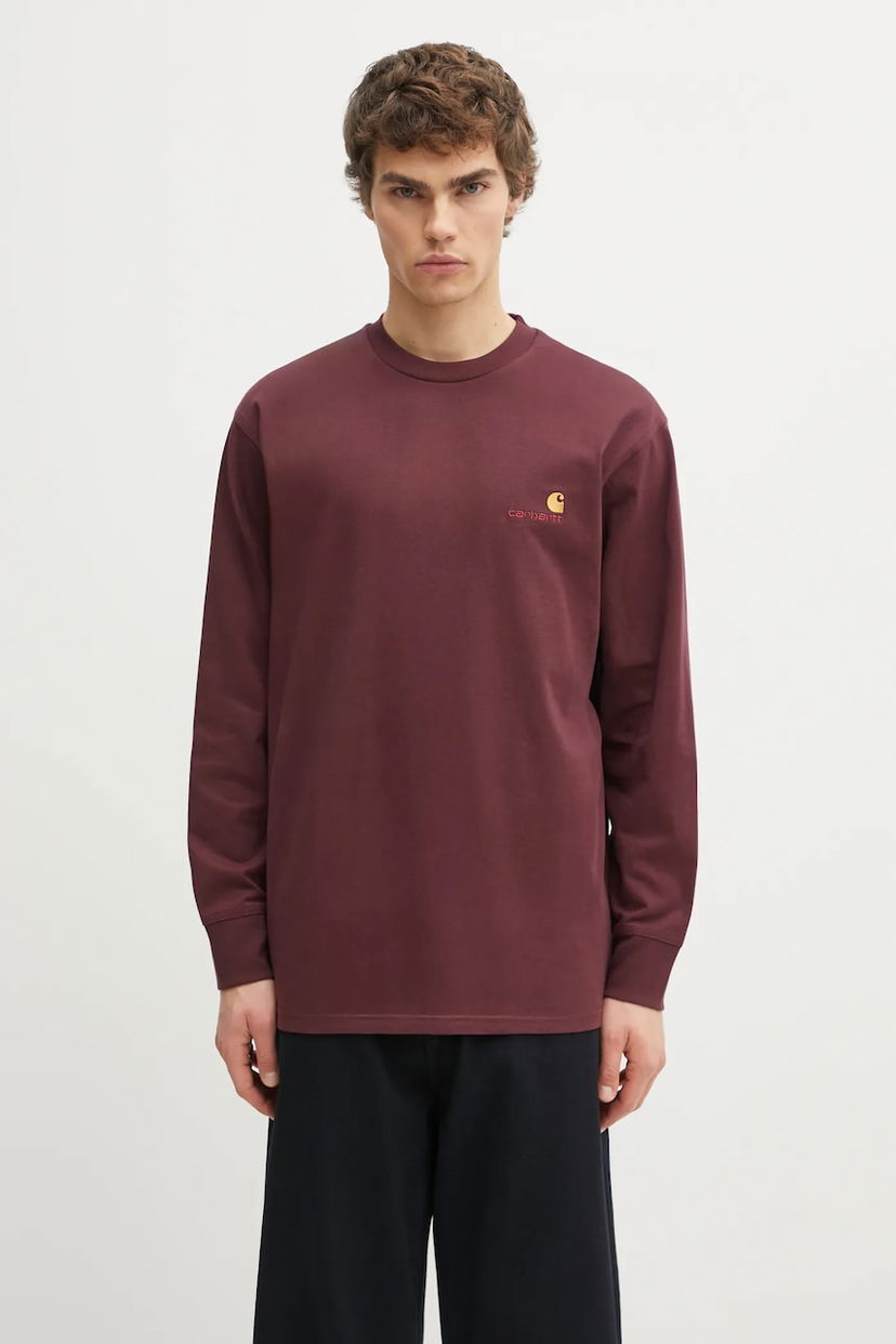 Тениска Carhartt WIP Cotton American Script Long-Sleeve T-Shirt with Embroidered Logo Бургунди | I029955.33KXX