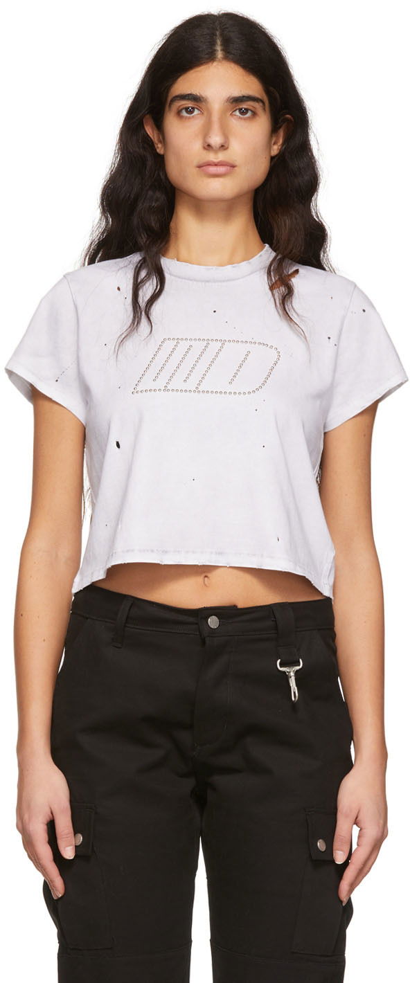 Съкратен топ We11done Cropped Distressed Studded T-Shirt Бяло | WD-TT1-22-512-W-WH, 0