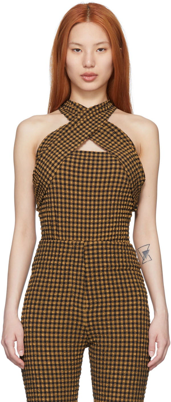 Комбинезон Nanushka Checkered Halter Neck Bodysuit Кафяво | NW22SSJS00399