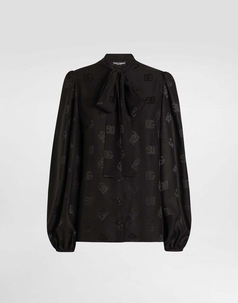Риза Dolce & Gabbana Dolce & Gabbana Silk Jacquard Shirt with All-over DG Logo Черно | F5Q44TFJ1JON0000