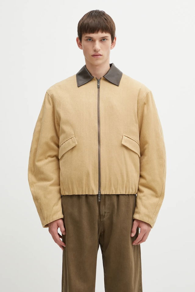 Cropped Corduroy Bomber Jacket with Faux Leather Collar