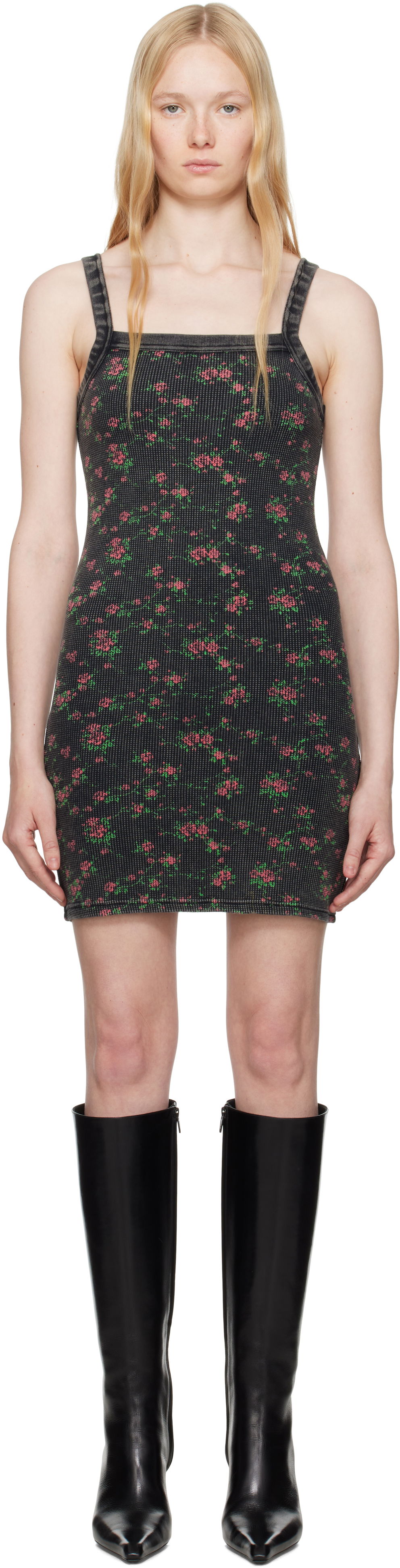 Pокля Alexander Wang Alexander Wang Floral-Print Waffle Knit Mini Dress Черно | 8C4246605P, 0