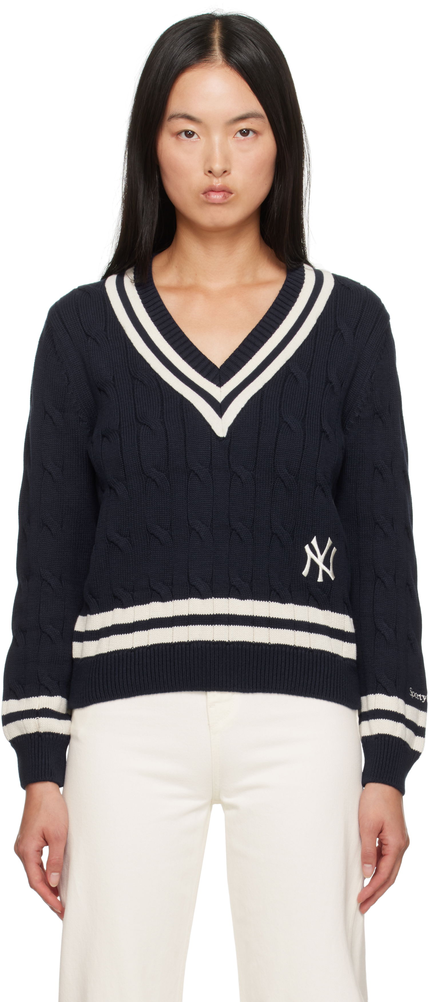 Пуловер Sporty & Rich '47 Edition Yankees Serif Cable Knit Sweater Тъмно синьо | WS011505631BL32, 0