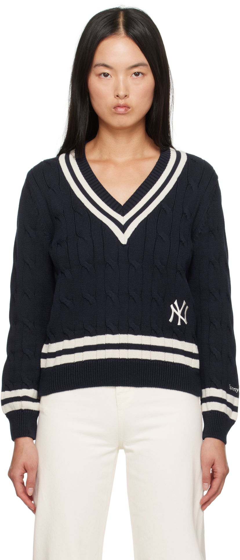 Пуловер Sporty & Rich '47 Edition Yankees Serif Cable Knit Sweater Тъмно синьо | WS011505631BL32