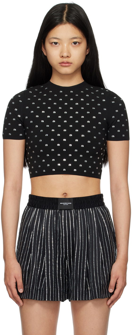 Съкратен топ Alexander Wang Alexander Wang Cropped Crystal T-Shirt Черно | 1KC1231052, 0