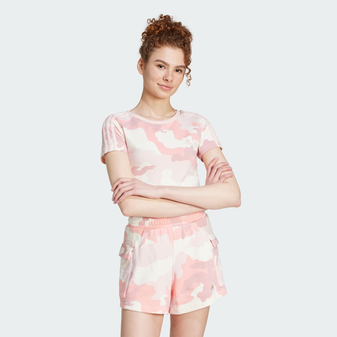 Съкратен топ adidas Performance Essentials 3-Stripes Camo Print Cropped Tee Розово | IY1679, 0