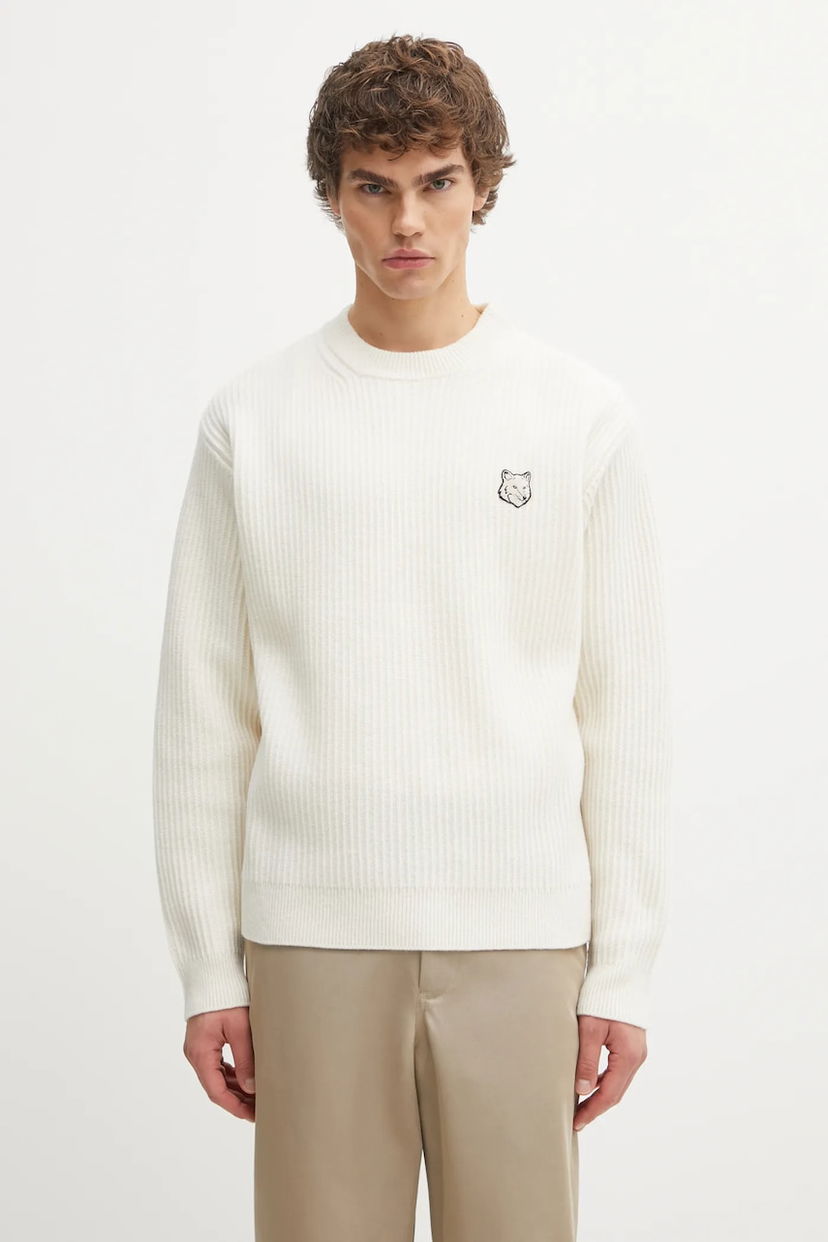 Пуловер MAISON KITSUNÉ Fox Head Wool Ribbed Sweater Бяло | PM00811KT1149
