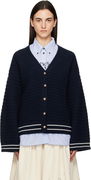 Textured Knit Wool V-Neck Cardigan with Gold-Tone Buttons and Striped Trim
