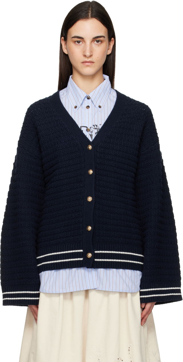 Textured Knit Wool V-Neck Cardigan with Gold-Tone Buttons and Striped Trim