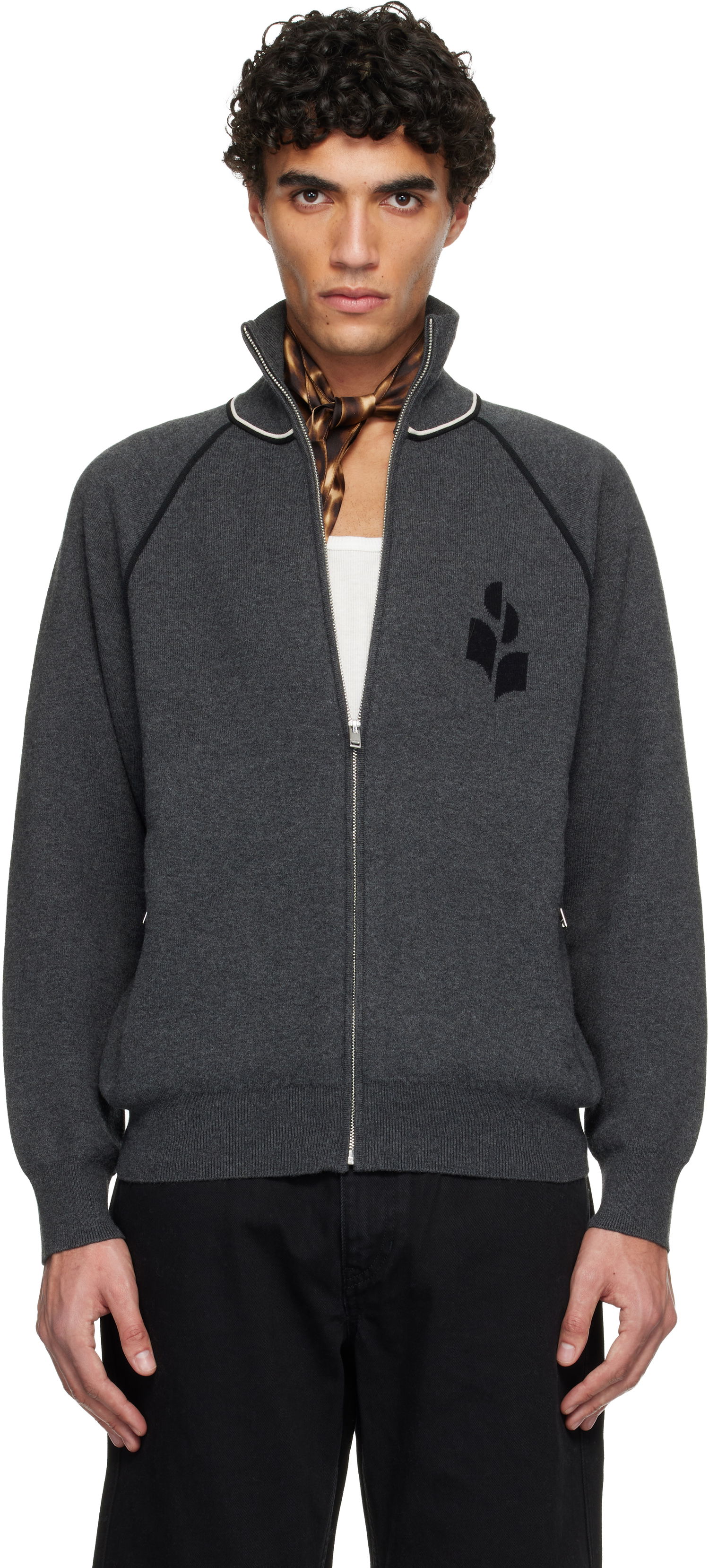 Пуловер ISABEL MARANT Sergio Full-Zip Knit Cardigan with Contrast Piping and Embroidered Logo Сиво | CA0171HA-D1L06H, 0