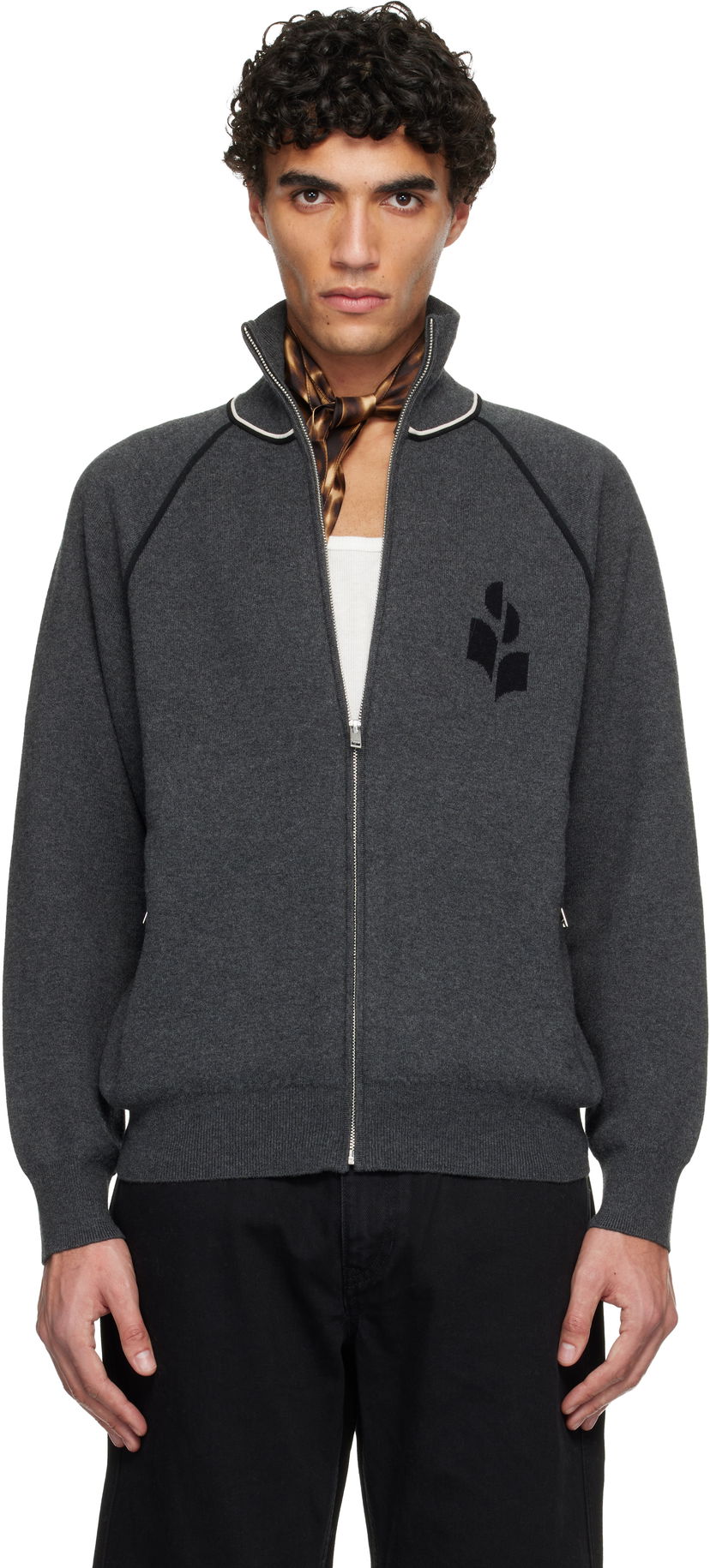 Пуловер ISABEL MARANT Sergio Full-Zip Knit Cardigan with Contrast Piping and Embroidered Logo Сиво | CA0171HA-D1L06H