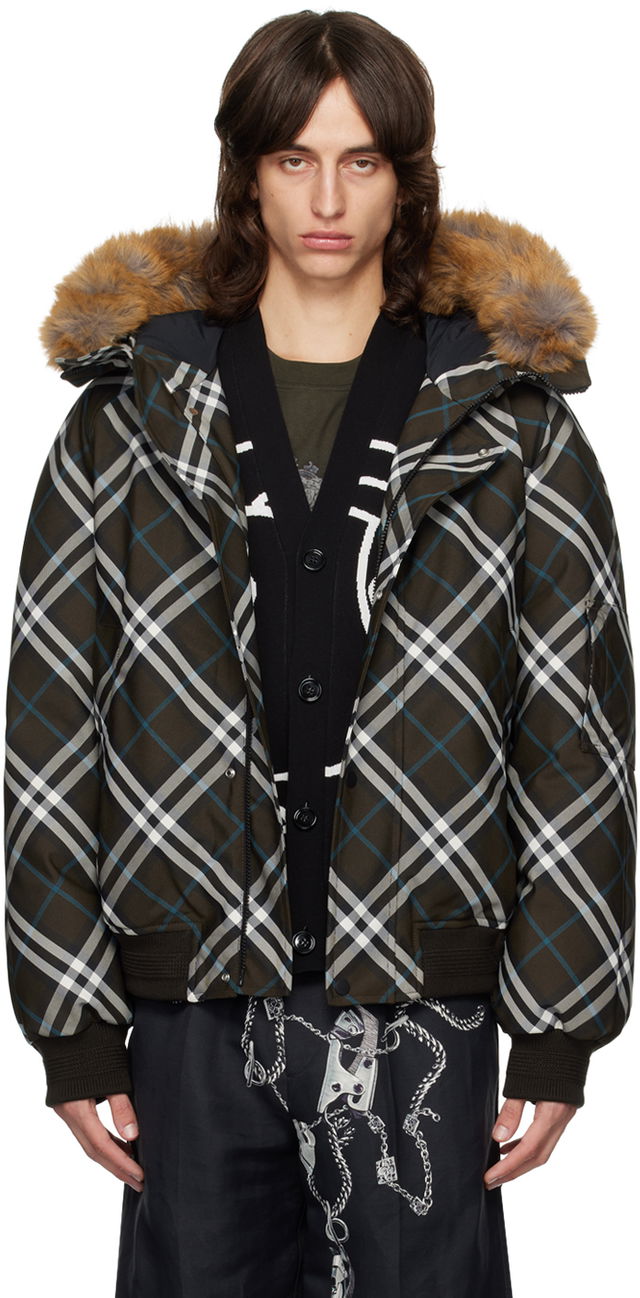 Faux-Fur Trim Check Down Bomber Jacket