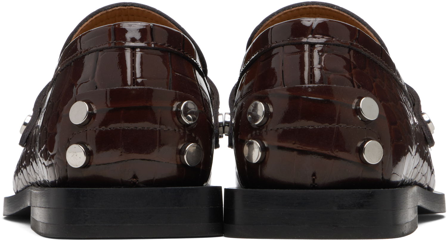 Кецове и обувки GANNI Patent Croc-Embossed Studded Loafers Кафяво | S3116, 1