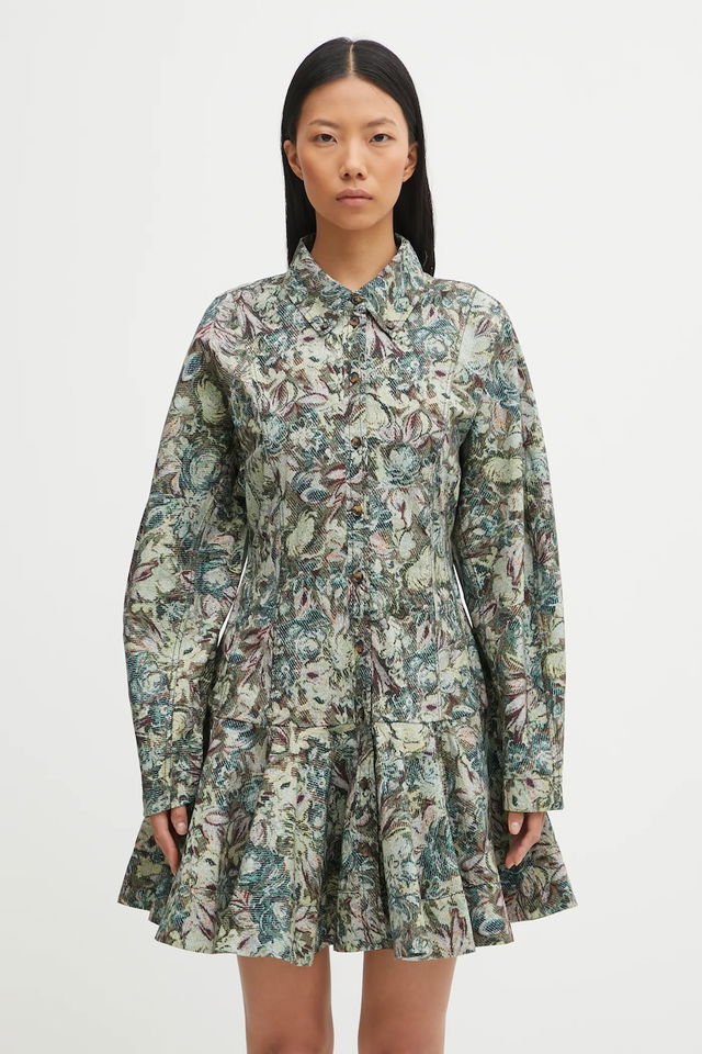 Printed Stretch Cotton Buttoned Mini Dress