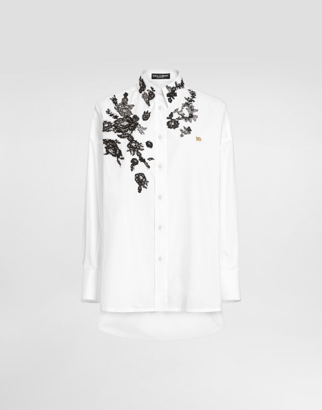 Dolce & Gabbana Oversize Cotton Poplin Shirt with Lace Appliqués