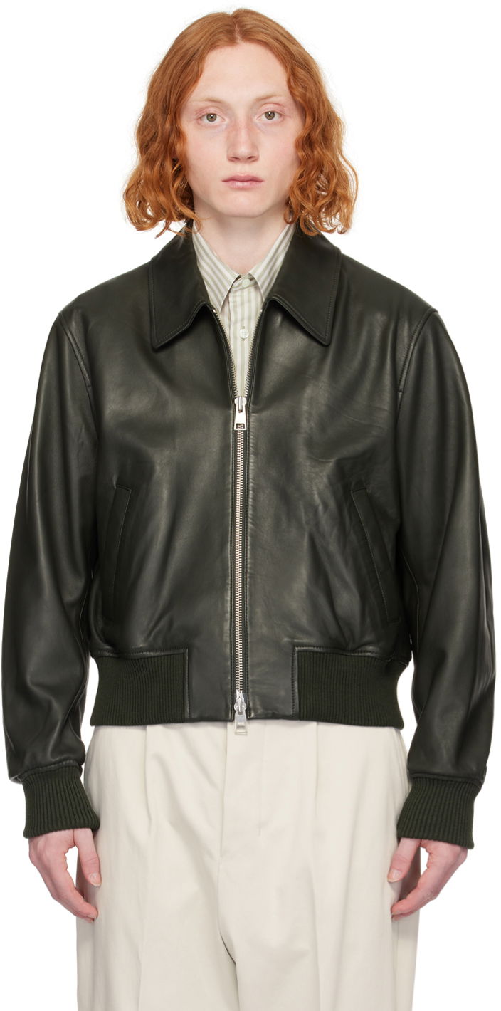 Яке AMI Paris Zipped Leather Jacket Зелено | UJK028.LH0029