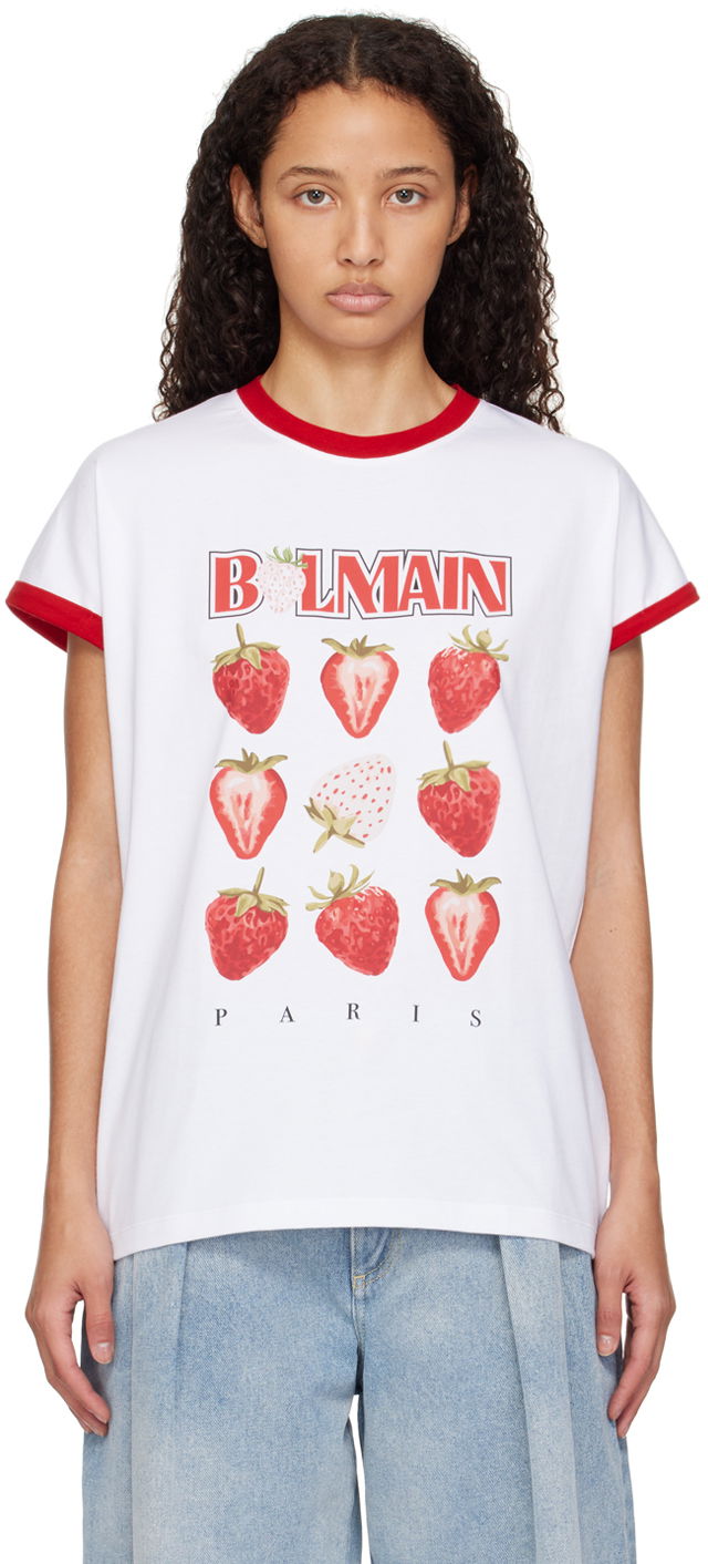 Тениска Balmain Strawberry Print Two-Tone T-shirt Бяло | DF0EF010GE27