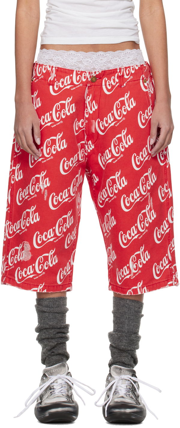 Къси панталони ERL Coca-Cola Printed Distressed Lace-Trim Culotte Shorts Червено | ERL08P003, 0