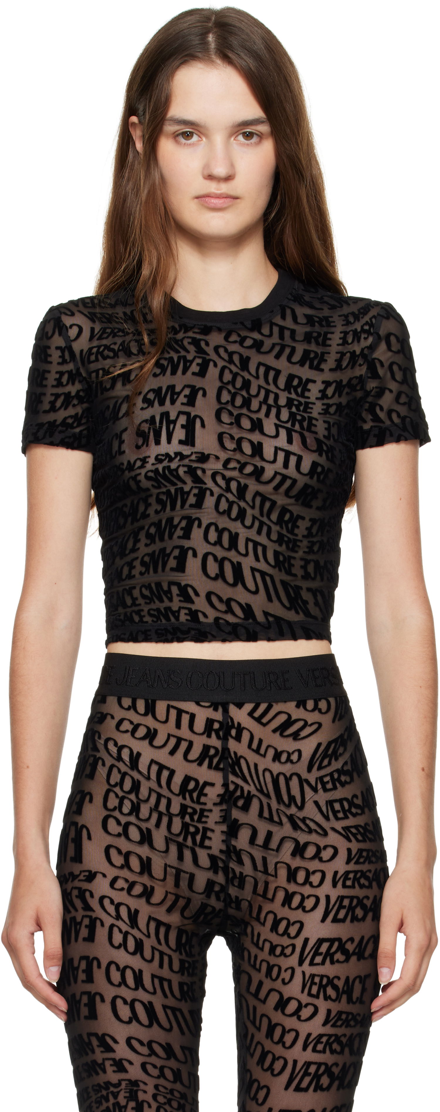 Тениска Versace Versace Jeans Couture Tulle Flock Liquify T-Shirt Черно | E79HAH602_EJS490, 0