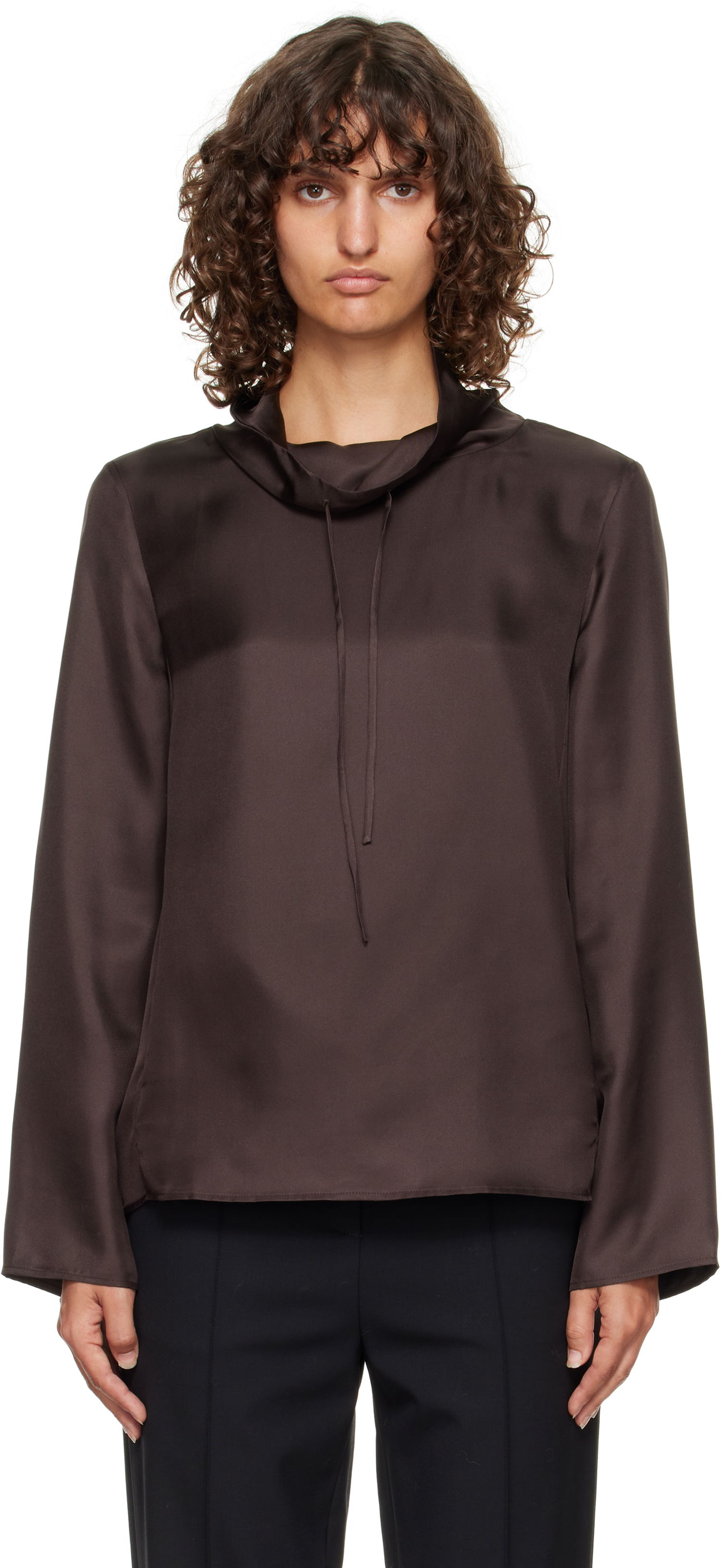 Риза Loulou de Saison Loulou de Saison Cyna Silk Cowl Neck Blouse Кафяво | CYNA, 0