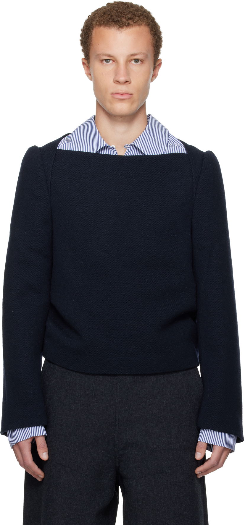 Пуловер Dries Van Noten Wool Square-Neck Pullover Тъмно синьо | 252-020763-2197