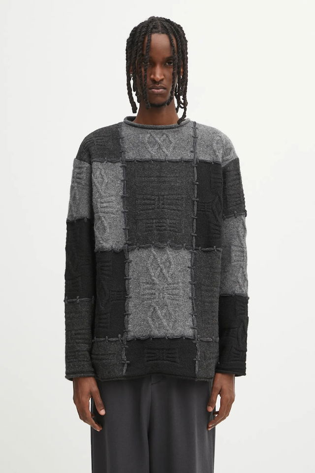 Patchwork Textured Knit Sweater with Exposed Stitching