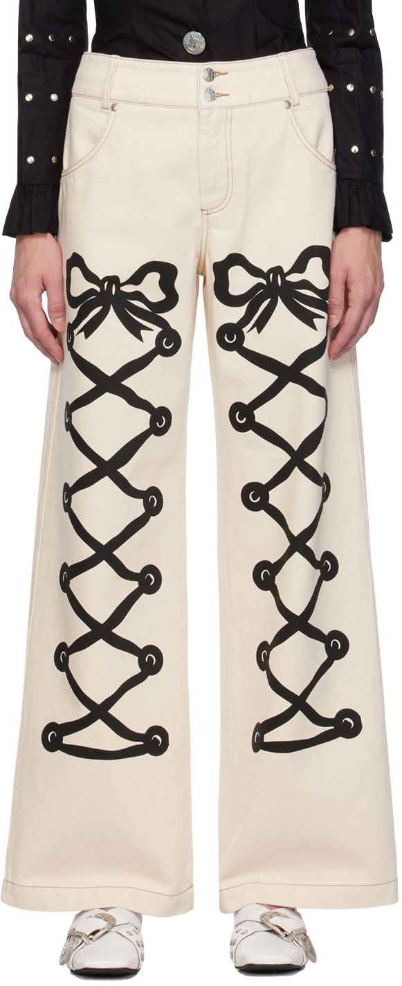 Дънки Chopova Lowena Chopova Lowena Ribbon Print Wide Leg Jeans Бежово | 4061, 0
