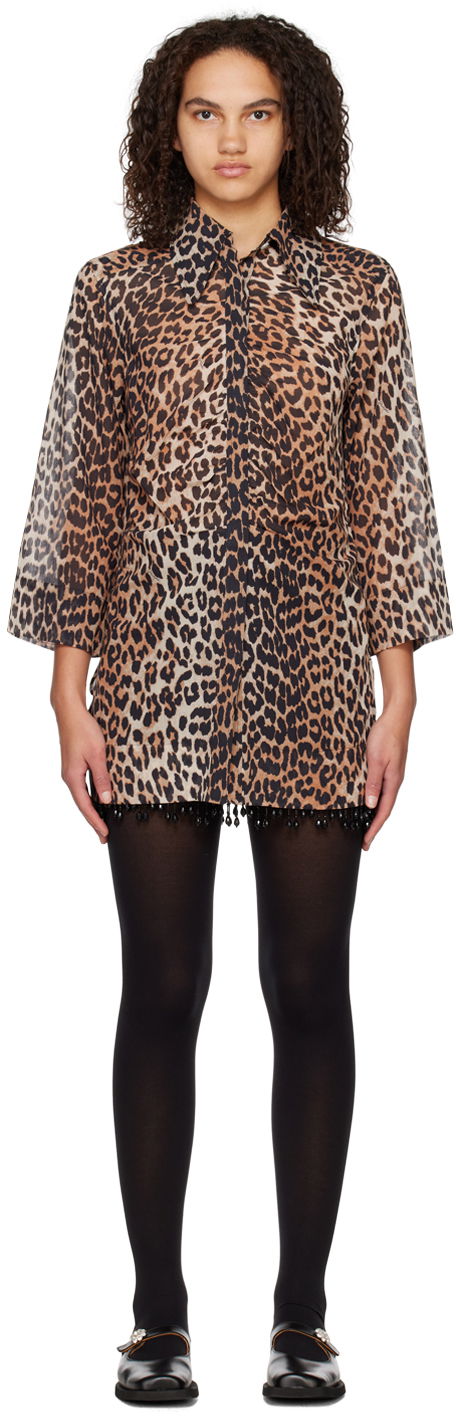 Pокля GANNI GANNI Leopard Print Mini Dress with Beaded Trim Кафяво | F6956