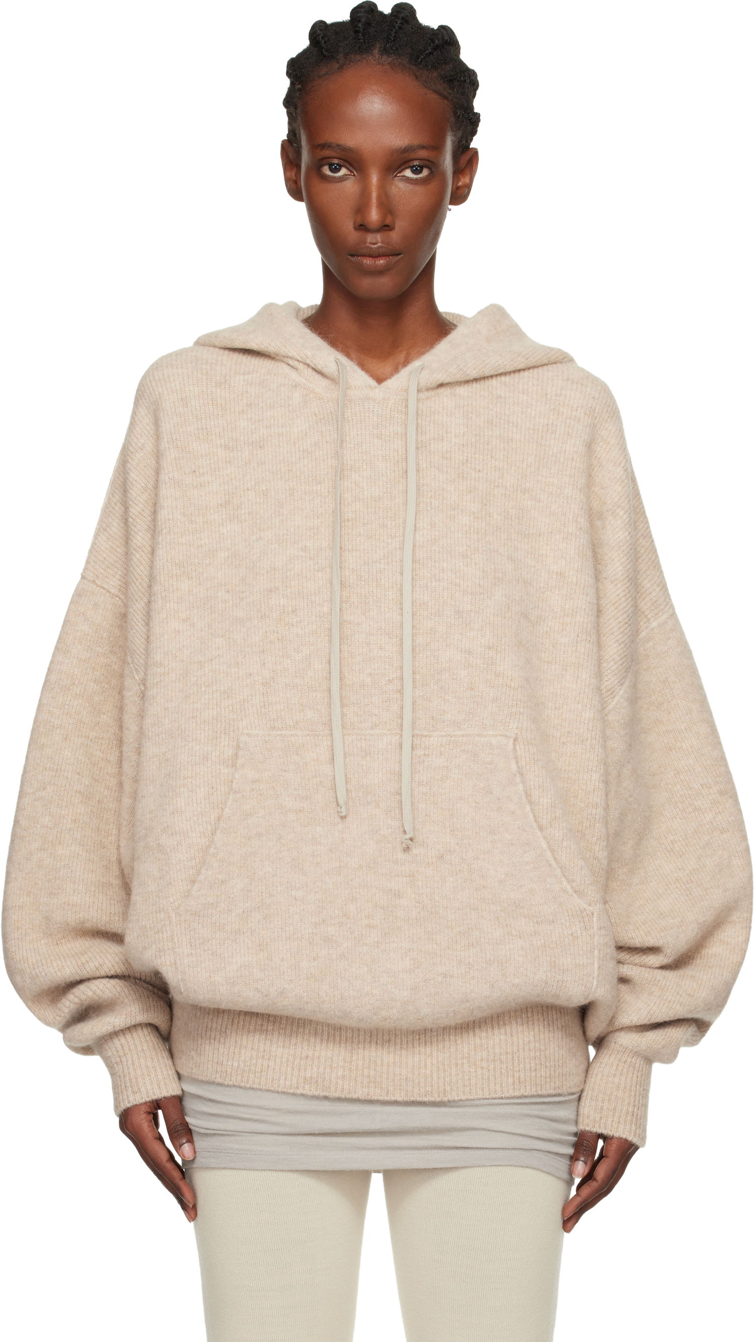 Суитчър Rick Owens Concordians Hun Oversized Knitted Hoodie with Kangaroo Pocket Бежово | RO02E4660 KWP, 0