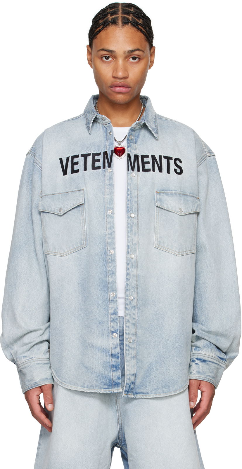 Риза VETEMENTS Embroidered Logo Denim Shirt Синьо | UA66SH510L