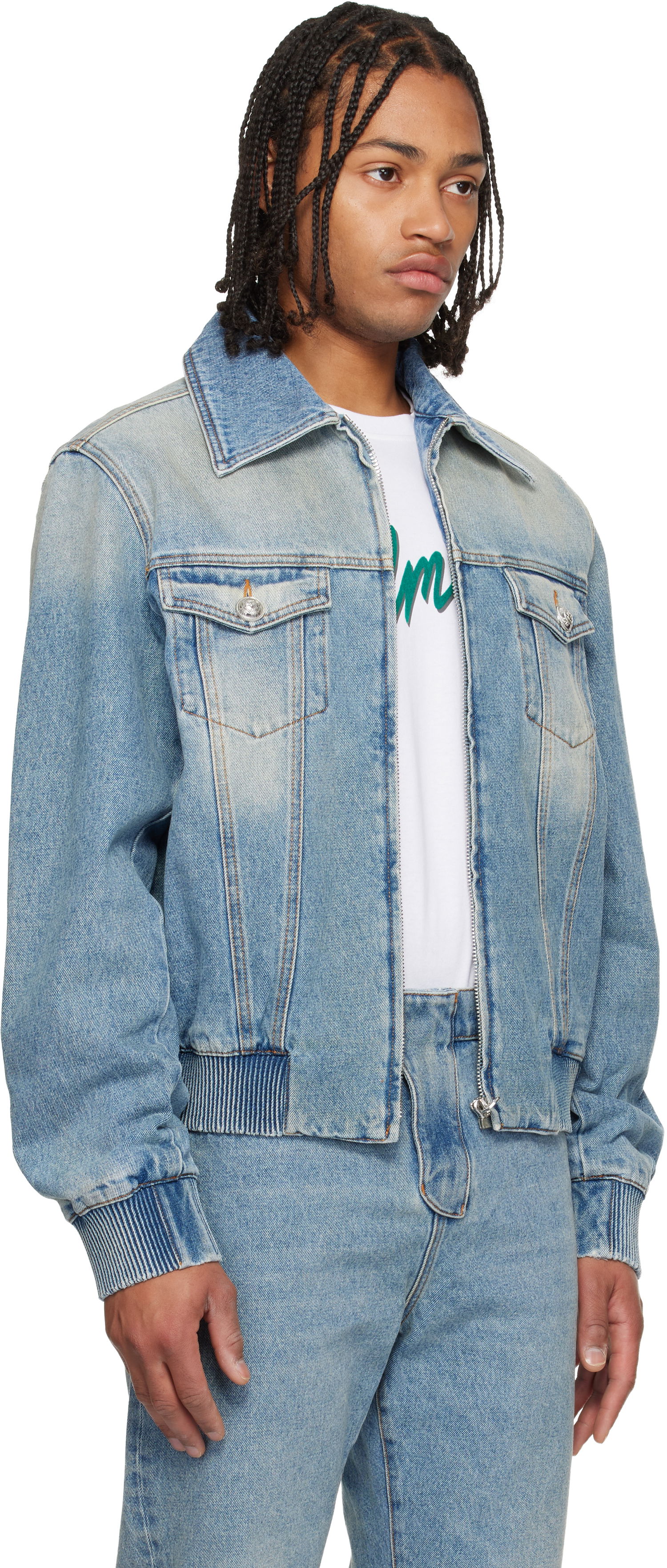 Яке бомбър Balmain Balmain Cropped Lined Denim Jacket Синьо | FH1TC420DF81, 1