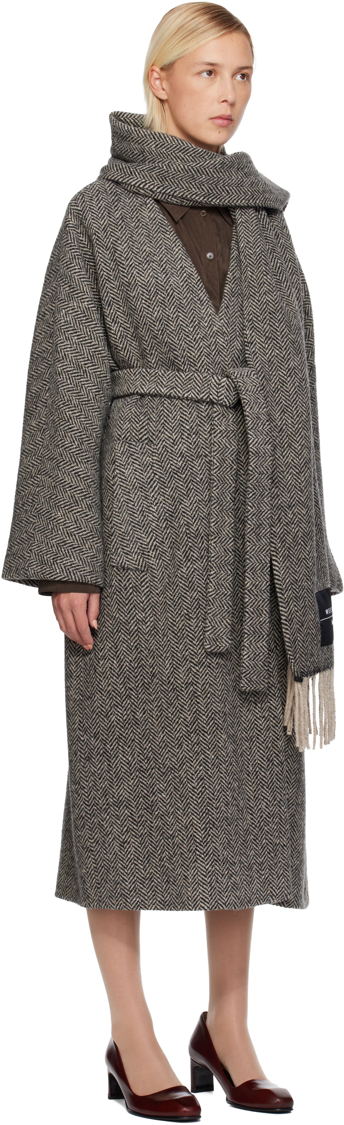Палта Max Mara Weekend Zenica Herringbone Belted Coat with Scarf Сиво | 2525016042600, 1