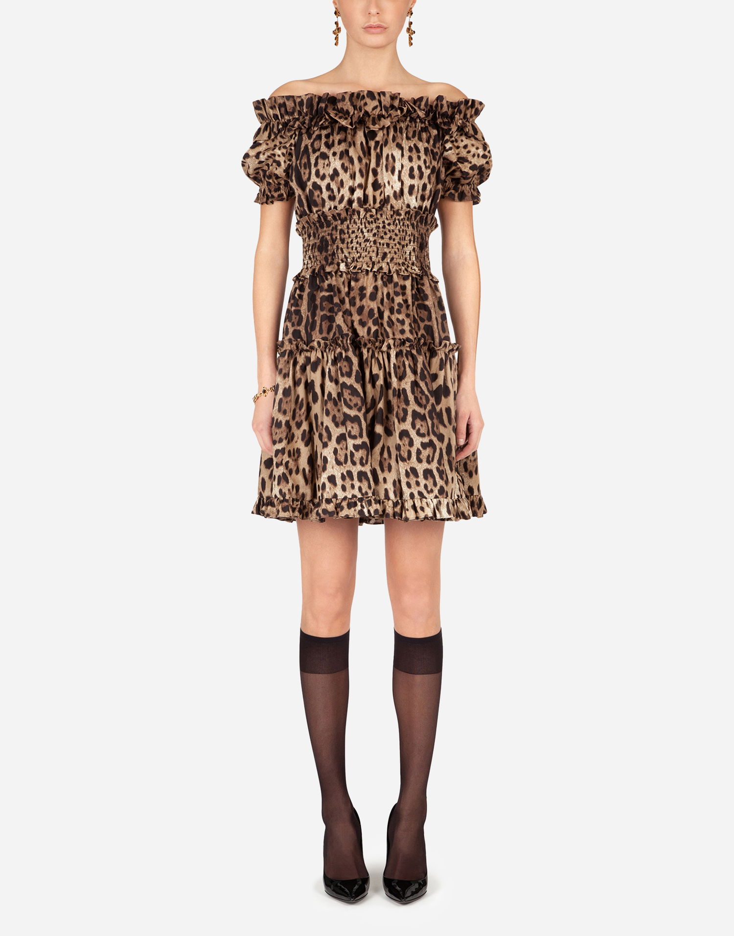 Pокля Dolce & Gabbana Short Off-the-Shoulder Ruffled Smocked Tiered Leopard-Print Poplin Dress Многоцветен | F6A0UTHS5E3HY13M, 1