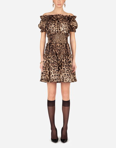 Pокля Dolce & Gabbana Short Off-the-Shoulder Ruffled Smocked Tiered Leopard-Print Poplin Dress Многоцветен | F6A0UTHS5E3HY13M, 1