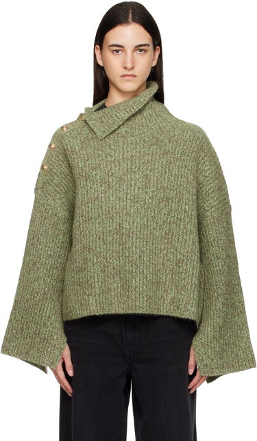 Пуловер GANNI Mohair Rib Knit Sweater with Asymmetric Collar and Shoulder Buttons Зелено | K2556, 0