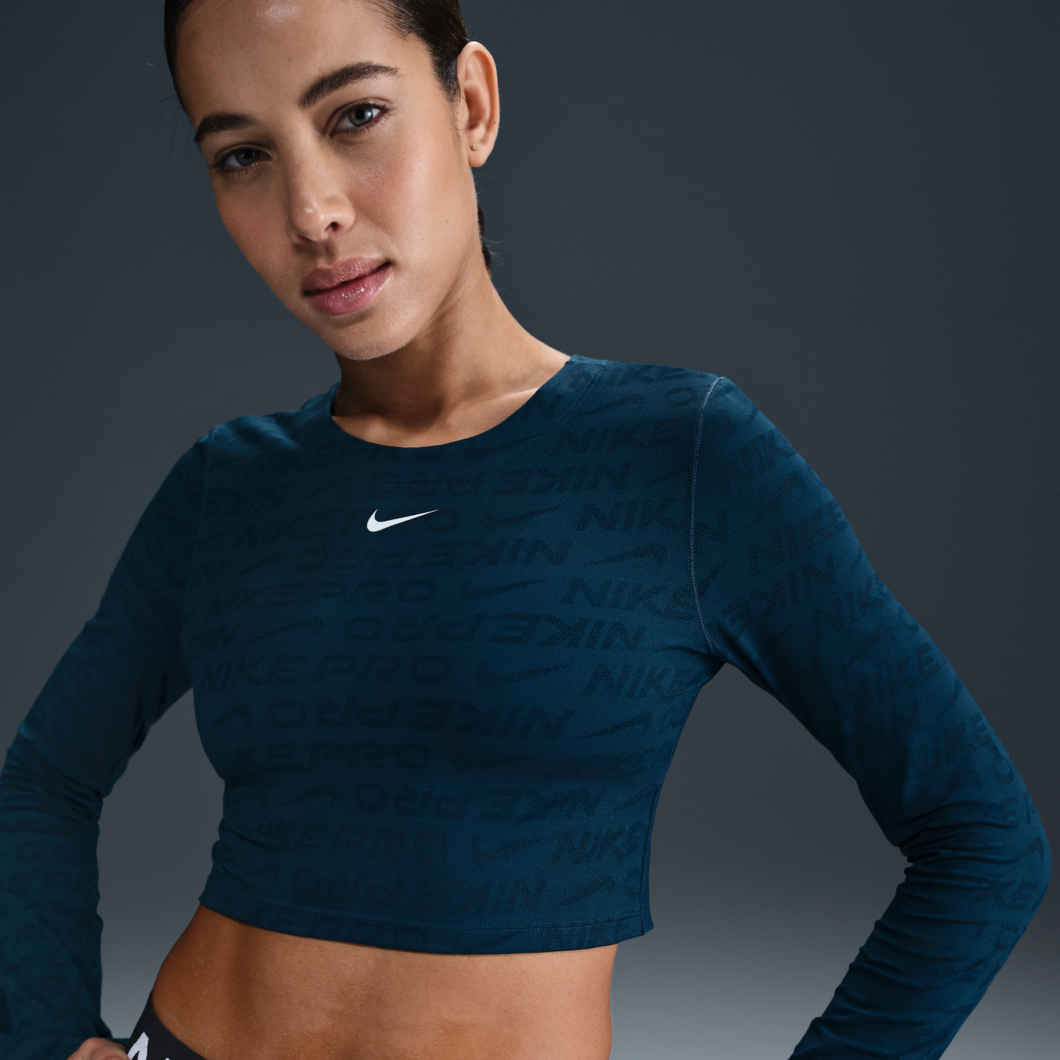 Съкратен топ Nike Pro Dri-FIT Jacquard Long Sleeve Cropped Top Синьо | HJ4281-478, 1