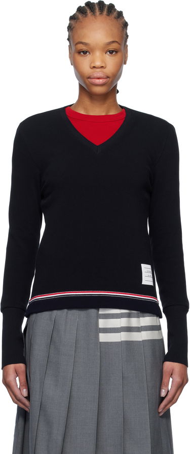 Пуловер Thom Browne Thom Browne Cotton Pique V-Neck Sweater Тъмно синьо | FJS194A-J0185, 0