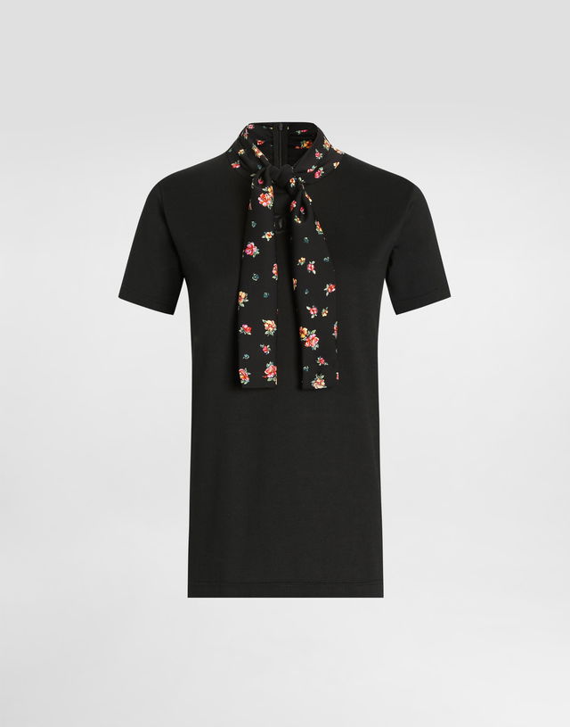Jersey T-shirt with Floral Tie Neck