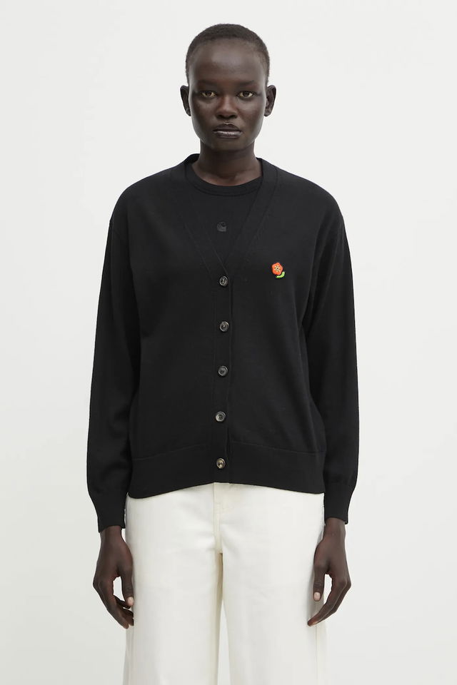 Pop Lightweight Wool V-Neck Cardigan with Embroidered Flower