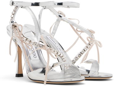 Кецове и обувки Jimmy Choo Lula 100 Crystal-Embellished Strappy Stiletto Sandals with Velvet Laces Металик | LULA 100, 3