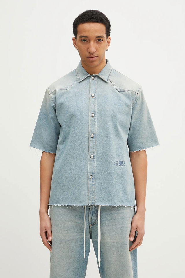 MM6 Maison Margiela Relaxed Fit Short Sleeve Denim Shirt with Classic Collar and Raw Hem
