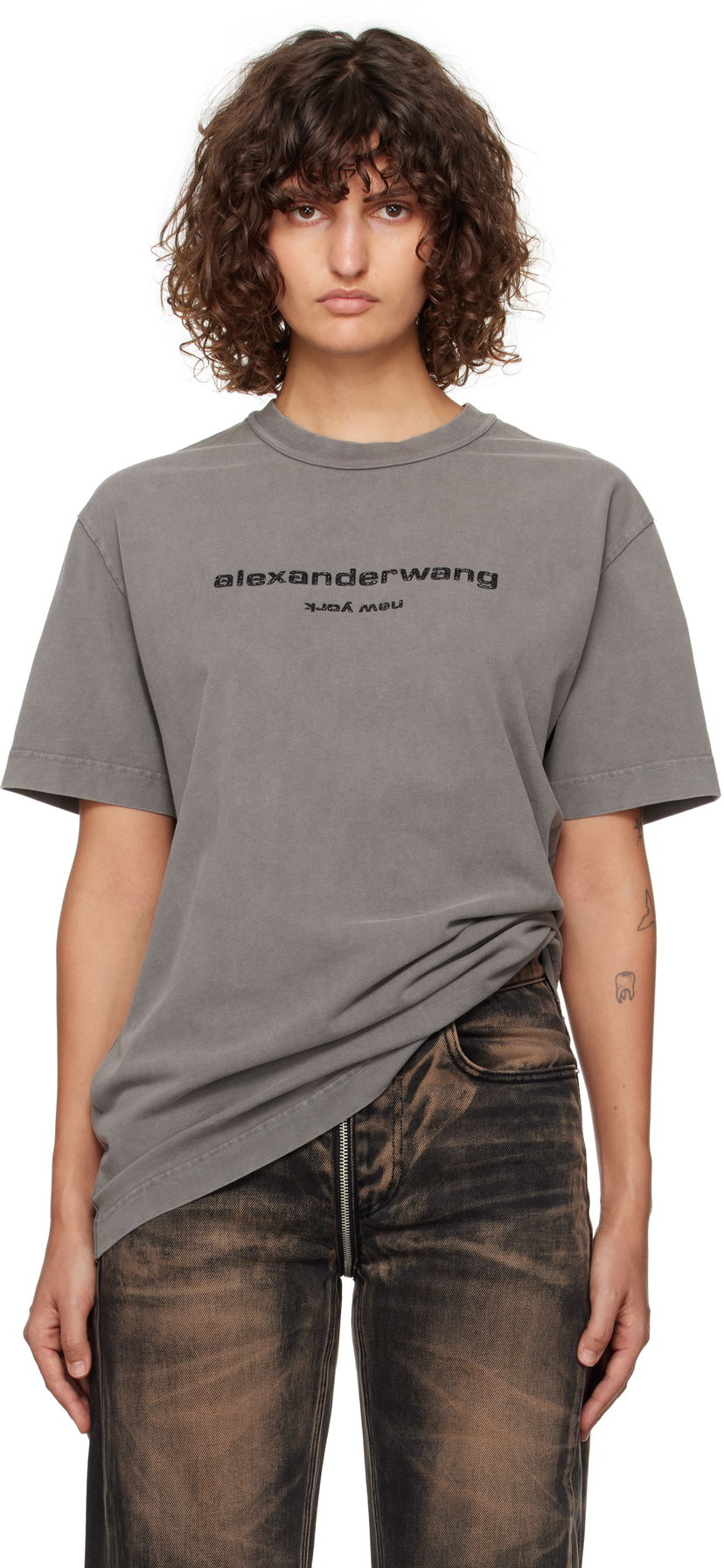 Тениска Alexander Wang Glitter Logo Puff T-Shirt Сиво | UCC4241744