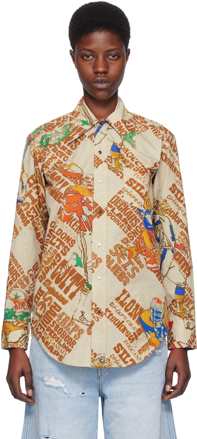 Риза ERL Brown Graphic-Print Cotton Button-Up Shirt Бежово | ERL07B006