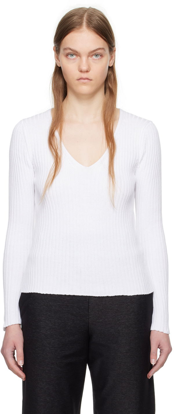 Пуловер Max Mara Max Mara Leisure V-Neck Ribbed Sweater Бяло | 2416361058600