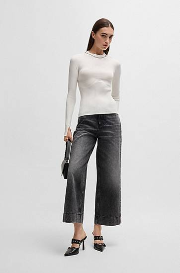 Пуловер BOSS Ribbed Mock Neck Sweater with Chain Collar Бяло | 50532166, 1