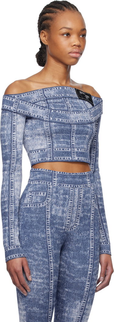 Комплект Balmain Balmain Denim Off-Shoulder Top Синьо | EF1AO385KH80, 1